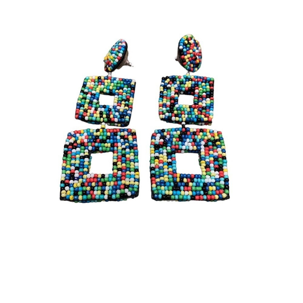 Earrings | Square Beaded Colorful Dangle Earrings Unique - Picture 4 of 8